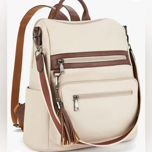 Cream and Brown Convertible Backpack with Leather Accents